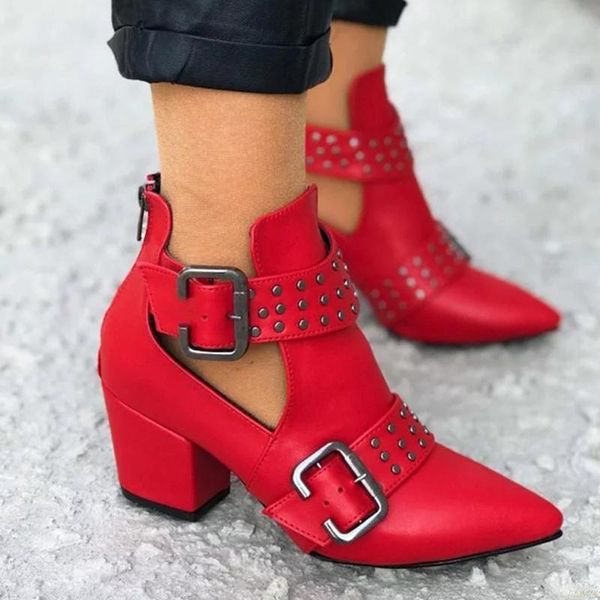 

boots women's vintage hollow ankle pointed toe rubber square heel gothic shoes punk red botines, Black