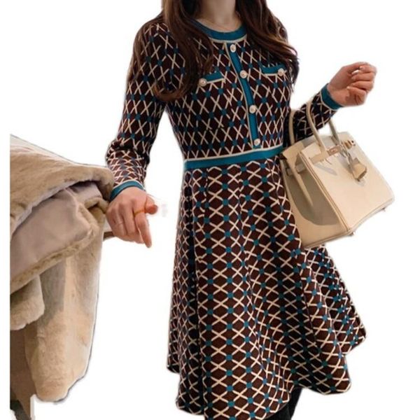 

casual dresses fashion women elegant vintage jacquard geometric pattern ladies temperament knitted party vestidos, Black;gray