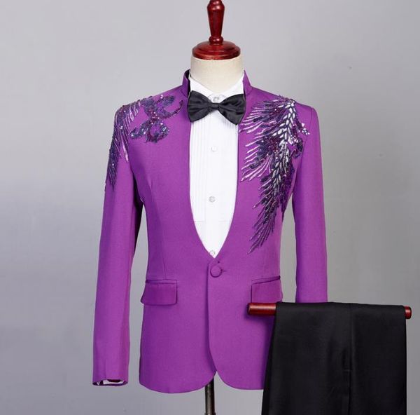 

men's suits & blazers purple blazer men formal dress latest coat pant designs singer sequin suit masculino trouser wedding stand collar, White;black