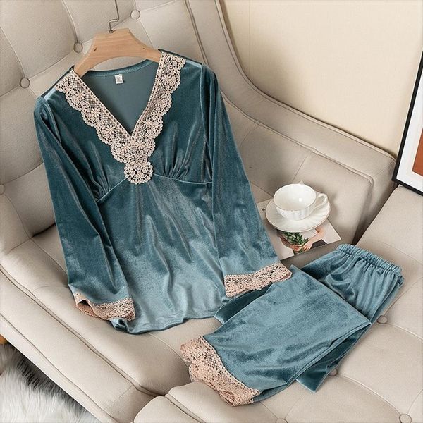 

velour casual nightwear 2pcs women sleepwear pajamas suit lace shirt amp pants autumn velvet pyjamas lingerie home clothes, Black;red