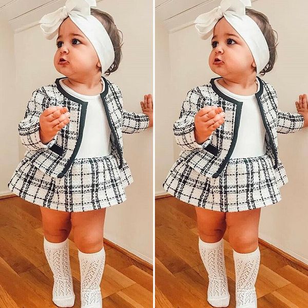 

clothing brand new toddler kids baby girl autumn pageant plaid coat & tutu dress 2pcs formal outfits clothes sets c0225, White