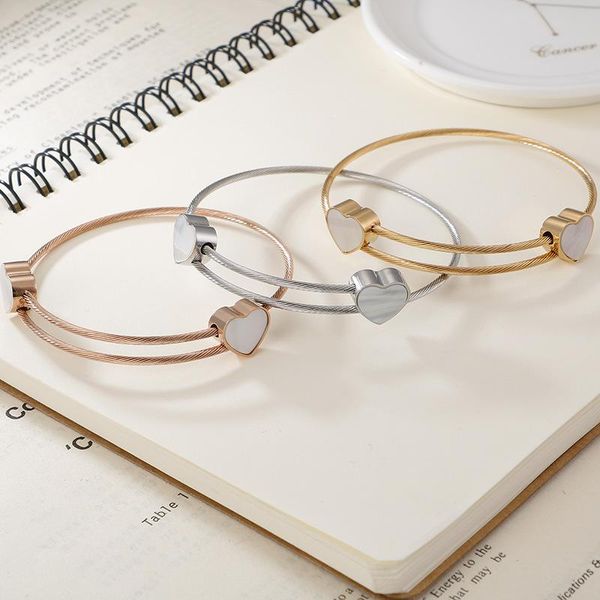 

fashion women silver gold rose titanium steel double hearts white shell wire cable cuff bracelets pulseras jewelry bangle, Black