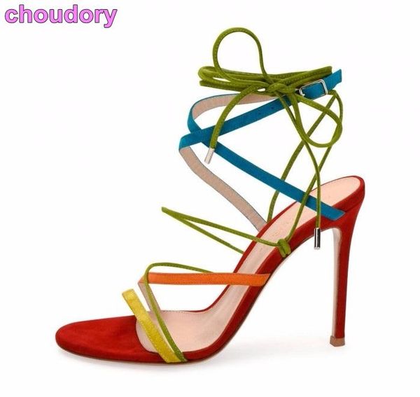 

young girl's multi-color thin strappy sandals stiletto heels lace-up cross dress pumps colorful tied party shoes, Black