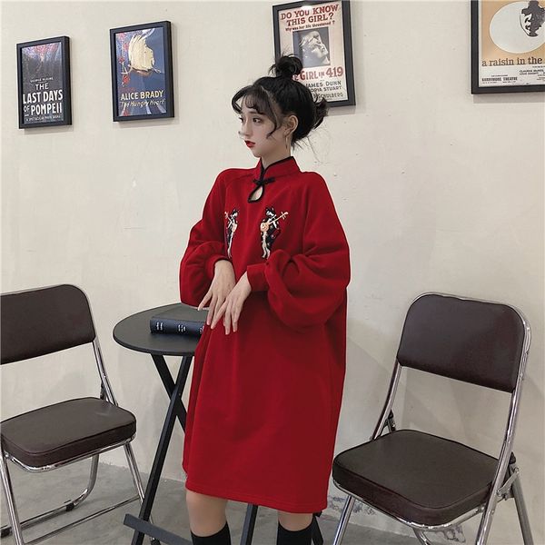 

cheongsam chinese dress qipao robe vintage femme kimono streetwear oversize dress asian clothes 2021 spring womens clothes 10160, Red