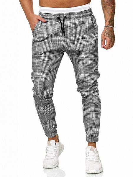 

men houndstooth print drawstring waist pants f0q0#, Black