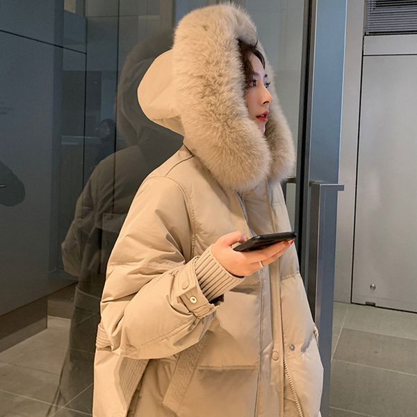 

winter warm white duck down jacket women long hooded fur collar coat female 210520, Black