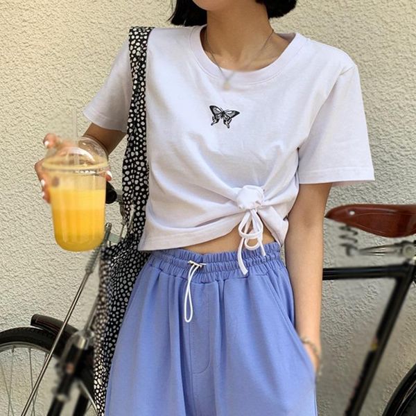 

women's t-shirt drawstring butterfly print high waist navel external wear short inside round neck ladies sleeve t shirt women, White