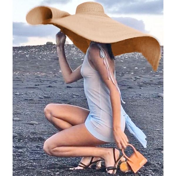 

stingy brim hats fashion large sun hat beach anti-uv protection foldable straw cap cover summer women diameter #g2, Blue;gray