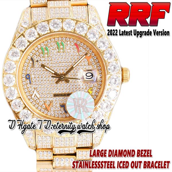 

2022 rrf 126333 126233 automatic mechanical 42mm mens watch 116238 rainbow arabic dial large diamond bezel fully iced out diamonds gold brac, Slivery;brown