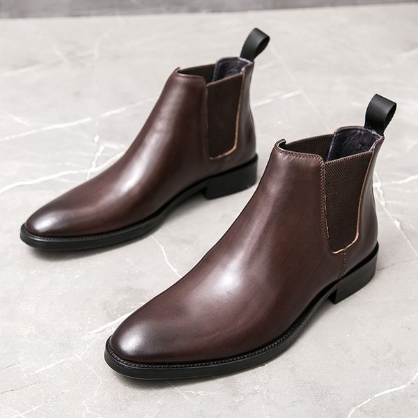 Мода черные / глубокие коричневые заостренные мужские платья сапоги натуральные кожаные деловые ботинки мужские ботильоны