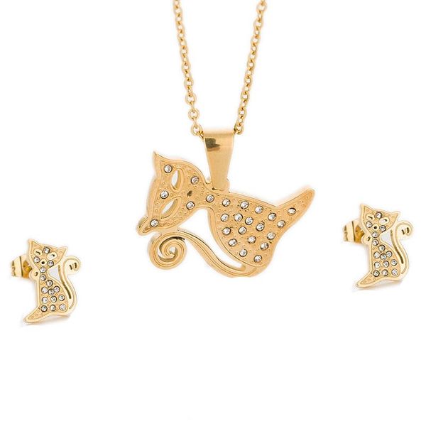 

earrings & necklace s fashion 316l stainless steel women's gold-color austrian crystal lovely cat jewelry sets chain necklace+earrings, Silver