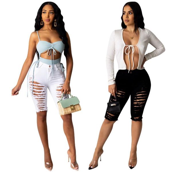 

women's shorts fashion hollow out women jeans high waist ripped holes straight zipper lady knee length jean 2021 summer, White;black