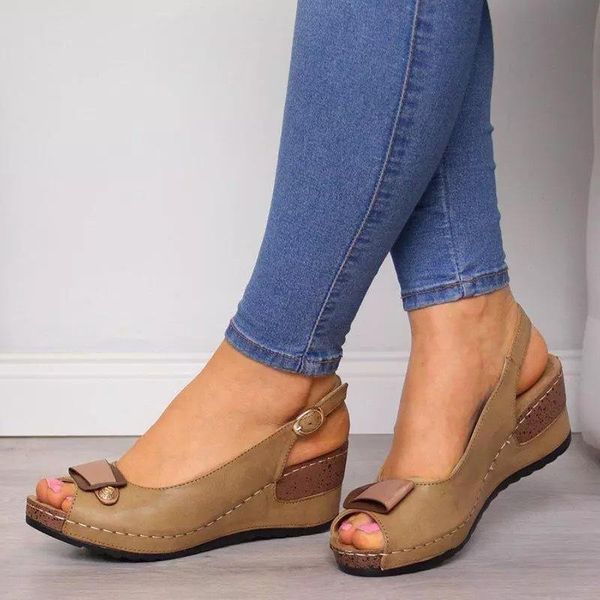 

women's sandals female wedges peep toe platform slingbacks pu leather ankle buckle strap ladies summer shoes woman plus size, Black