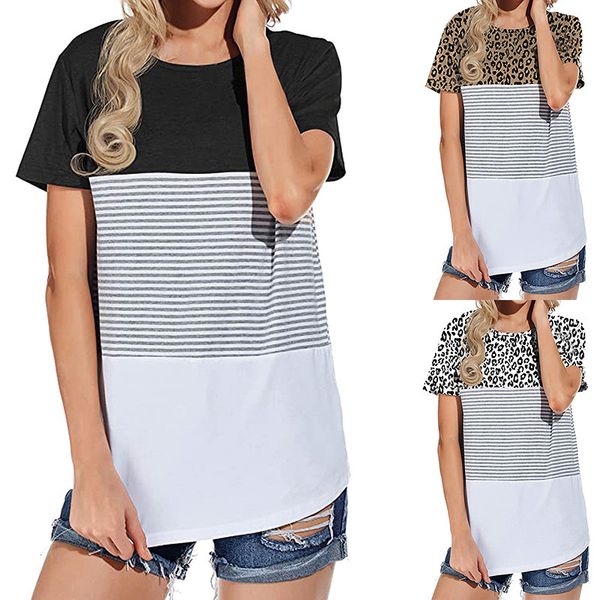 

2021 spring and summer new women's leopard print round neck short sleeve loose t-shirt for women, White