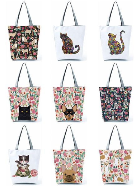 

evening bags custom floral pet dog cat print women tote handbags casual school traveling shoulder bag reusable shopping for supermarket