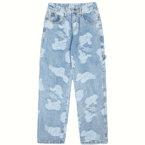 

women's jeans vintage washed men women streetwear cartoon print denim trousers ins fashion loose wide leg straight pants spring cotton, Blue