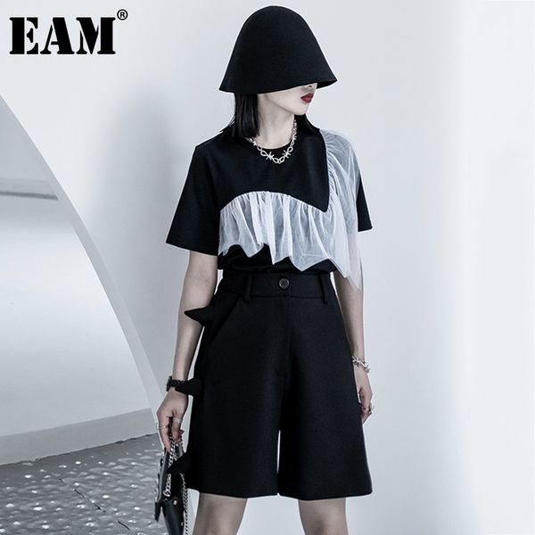 

[eam] women black mesh spliced big size ruffles casual t-shirt round neck short sleeve fashion spring summer 1dd7569 21512, White