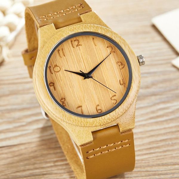 

wristwatches solid wooden watches soft leather strap wood bamboo quartz watch engraved numbers men women couple reloj de madera, Slivery;brown