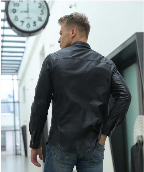 

men's leather & faux 2021 slim fit genuine england style skinny goatskin jacket men fashion nightclub bottoming shirt, Black