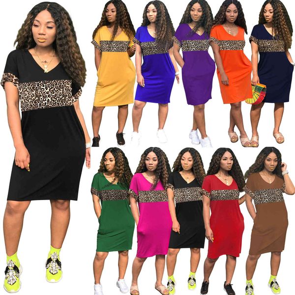 

women leopard patchwork dress short sleeve loose tshirt dresses ladies summer clothes, Black;gray