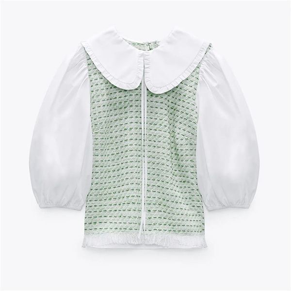 

spliced textured green shirt women puff sleeve frayed hem vintage summer blouse female fashion back opening casual 210524, White