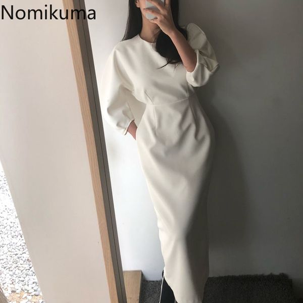 Nomikuma Elegante Temperamento O Collo Manica a sbuffo Tinta unita Vestito aderente Donna Abiti bianchi alla moda Abiti da donna 3a211 210514