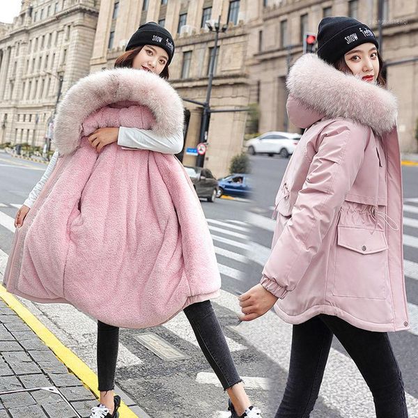

winter warm jacket female 2021 fashion thin waist coat women thicken fur lining down cotton parkas women's &, Black