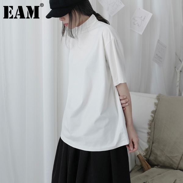 

[eam] women loose white black casual big size t-shirt turtleneck short sleeve fashion spring summer 1dd5966 210512