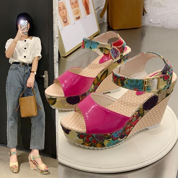 

flower roman sports sandals women shoes summer platform super high heels rubber wedges for sandalen, Black