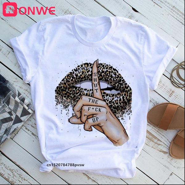 

womens t shirt shut up lips harajuku funny printed women girl o neck aesthetics print casual short sleeve tee, White