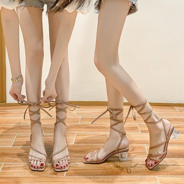 

women's high heels summer french lace-up sandals thick heel open toe roman shoes women, Black