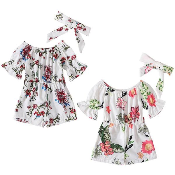 

clothing sets baby summer clothes kids girls flare sleeve flower print romper jumpsuit+headband set casual outfit 2021, White