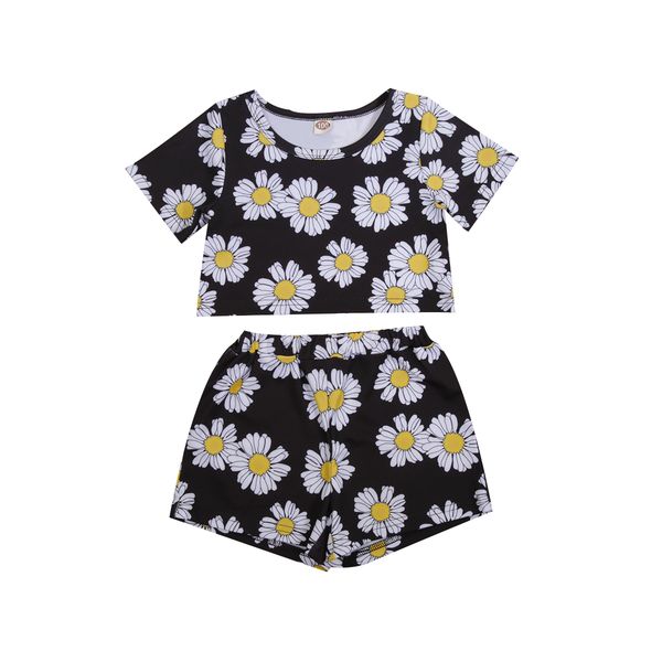 

1-5y summer kids girls clothes sets sunflowers print short sleeve t shirts shorts 2pcs, White