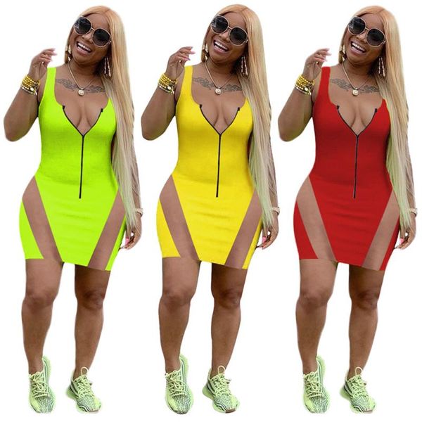

casual dresses women clothing 2021 street solid color halter splice mesh zipper slim fashion sleeveless short dress wholesale items, Black;gray