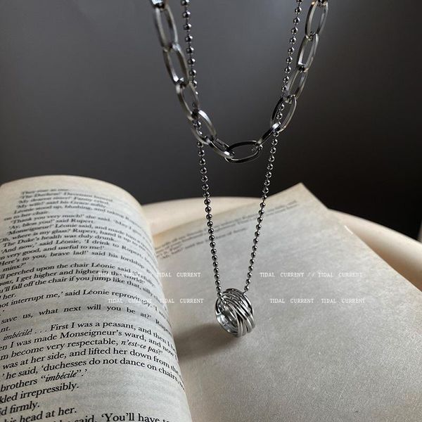 

pendant necklaces titanium steel clavicle chain twist circle necklace double layered sweater for women men hiphop jewelry, Silver
