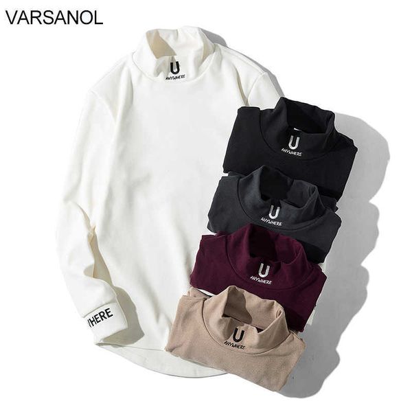 Varanol Erkek T-Shirt Kaşmir Uzun Kollu Moda Nakış Mektup Üst Tees Balıkçı Yaka Streetwear Siyah Boy Erkek Giyim 210601