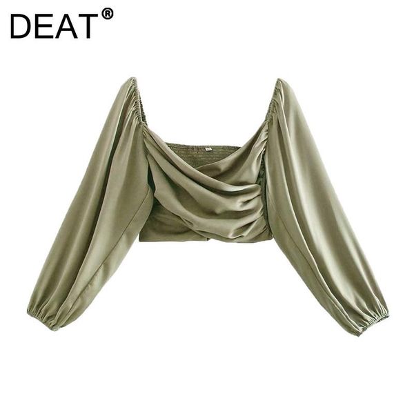 

women's blouses & shirts [deat] 2021 summer fashion tide solid color square collar long sleeve folds temperament shirt women 13z626, White
