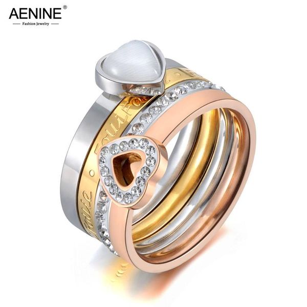 

wedding rings aenine trendy titanium stainless steel fine ring jewelry white heart opals & rhinestone bridal for women ar19121, Slivery;golden