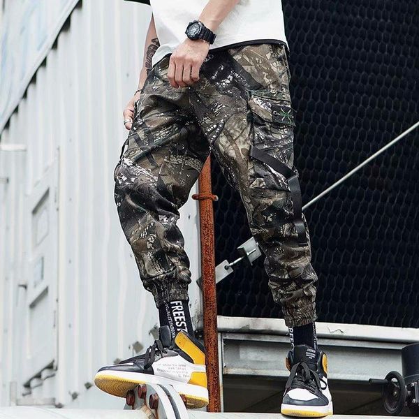 

men's pants men ribbons color block black pocket cargo 2021 harem joggers harajuku sweatpant hip hop trousers