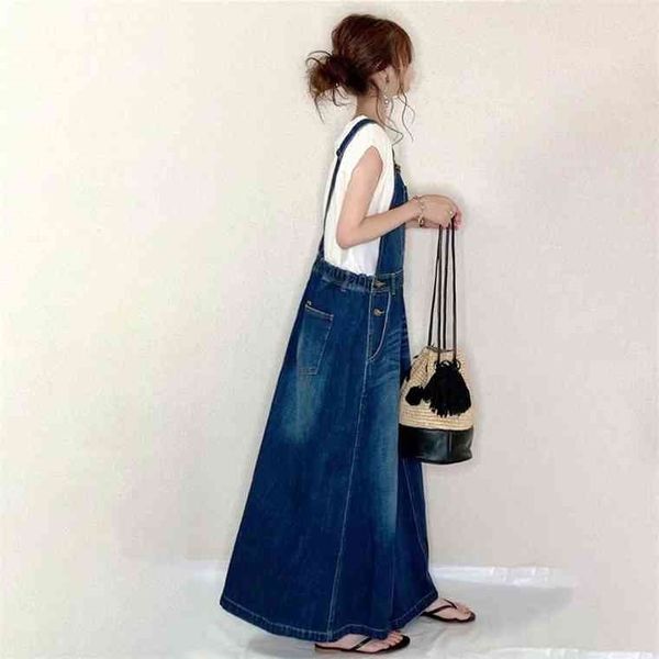 

denim washed and polished japanese loose strap ladies long es casual pocket ankle-length 2021 fall female dress, Black;gray