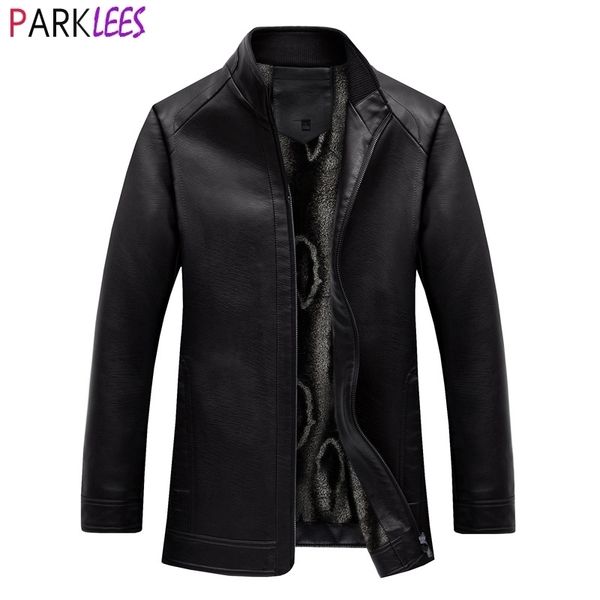 

men's winter warm pu leather coat stand collar fleece lined motorcycle jacket men zipper slim fit formal casual chaquetas hombre 210522, Black