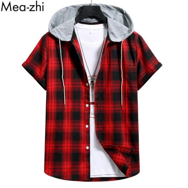 

men's casual shirts men plaid drawstring hooded shirt summer short sleeve for daily clothing harajuku, White;black