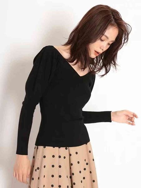 

hoodie 2021 autumn winter fresh sweet puff sleeve jumper with cleavage v, Black