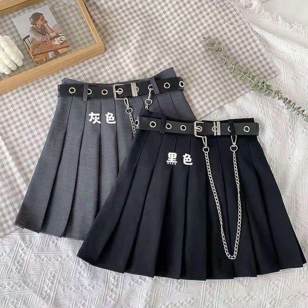 

skirts dark grunge punk summer gothic for women streetwear zippper rivet pleated metal ring goth with chains, Black