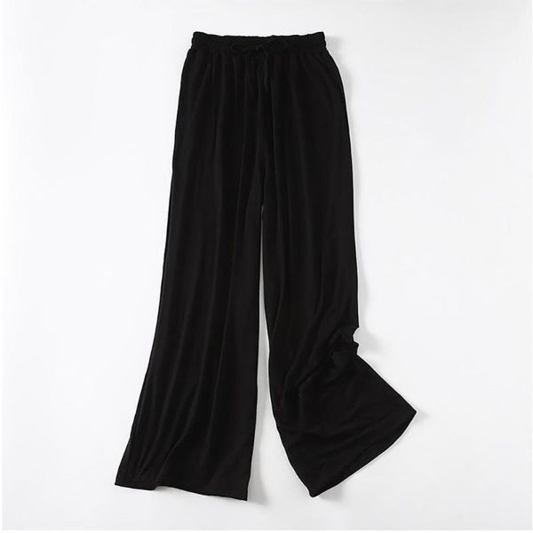

women's pants & capris solid color drawstring elastic waistband wide leg long trousers slacks for spring female casual loose, Black;white