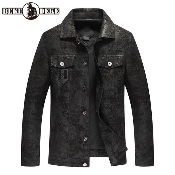 

men's leather & faux fashion mens spring autumn biker outwear business casual slim fit sheepskin coat single breasted genuine jacket, Black