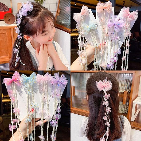 

hair accessories lace bow pearls tassel hairpins for girls vintage pins ancient hanfu cosplay party clips children, Slivery;white
