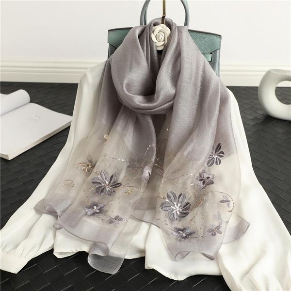 

scarves 2021 fashion women silk wool scarf hijab floral embroidery foulard female pashmina spring shawls lady wraps bufanda beach stoles, Blue;gray