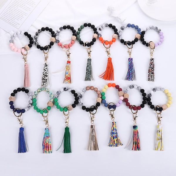 

charm bracelets acrylic wooden bead keychain vintage leather pu tassel anti-lost key ring bracelet, Golden;silver