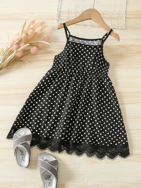 

toddler girls polka dot print eyelash lace panel cami dress she, Red;yellow